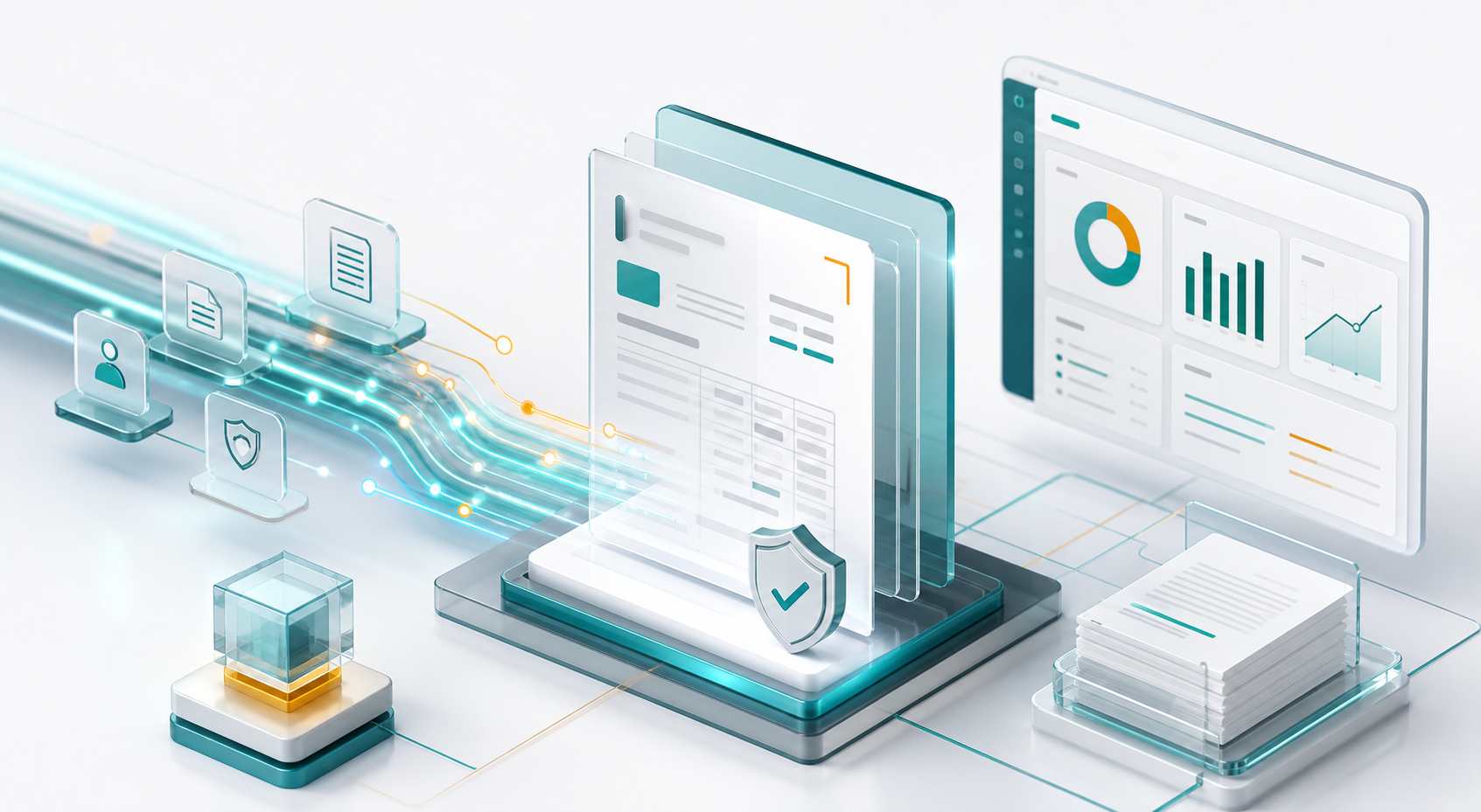 Ilustração de documentos digitais e transmissão segura para NFCom modelo 62